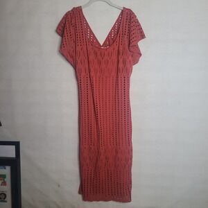 HD In Paris Anthropologie Rust Orange Crochet Knit Midi Dress Women's V-Neck L